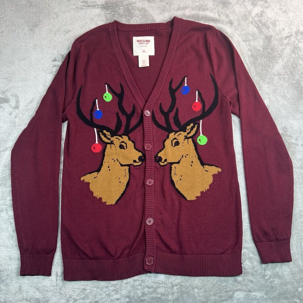 Mossimo Sweater Adult Small Burgundy Reindeer Novelty Ugly Christmas Cardigan